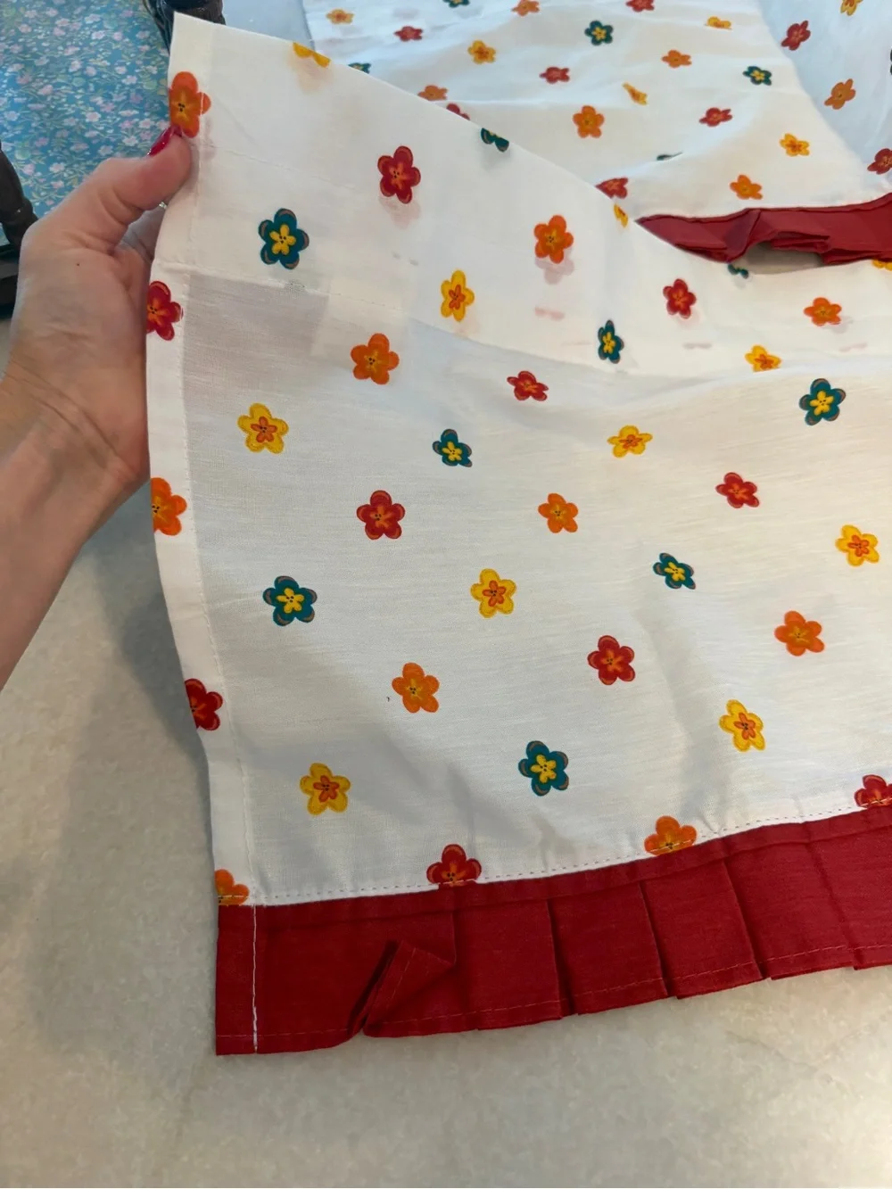 Set of two Vintage style White Floral Window Panel with Red Pleated Hem